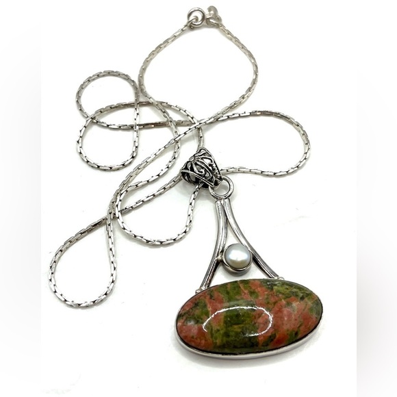 Vintage Large Green Orange Unakite Jasper Pearl Sterling Silver Necklace Pendant - Picture 2 of 13